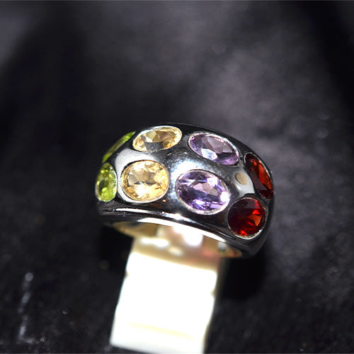 925 Sterling Silver Multi Gemstone Oval Stone Dome Ring