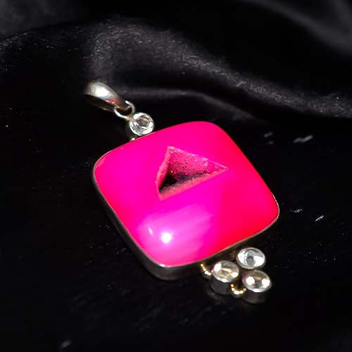 925 Sterling Silver Hot Pink Agate Druzy Geode Pendant
