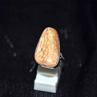 925 Sterling Silver Elongated Oval Picture Jasper Ring
