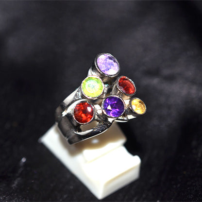 925 Sterling Silver Multi Gemstone Tiered Cluster Ring