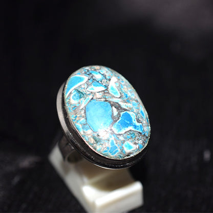 925 Sterling Silver Oval Blue Mosaic Jasper Ring