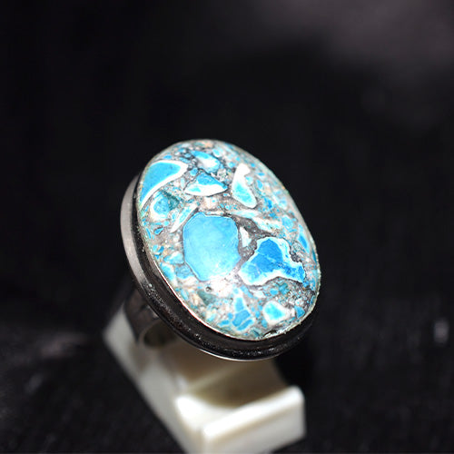925 Sterling Silver Oval Blue Mosaic Jasper Ring