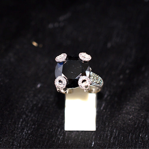 925 Sterling Silver Turkish Black Onyx with Marcasite Swirl Prong Ring