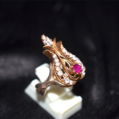 6 Carat Gold Plated Turkish Ruby CZ Floral Motif Ring
