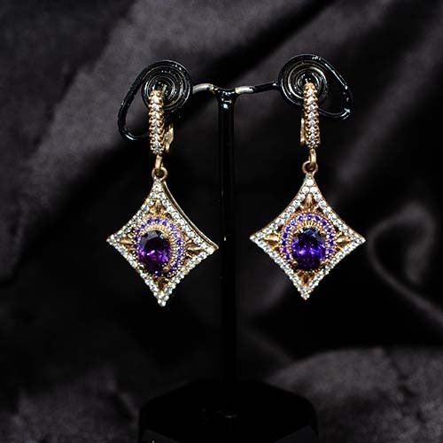 6 Carat Gold Plated Amethyst Diamond Shaped Drop Earrings