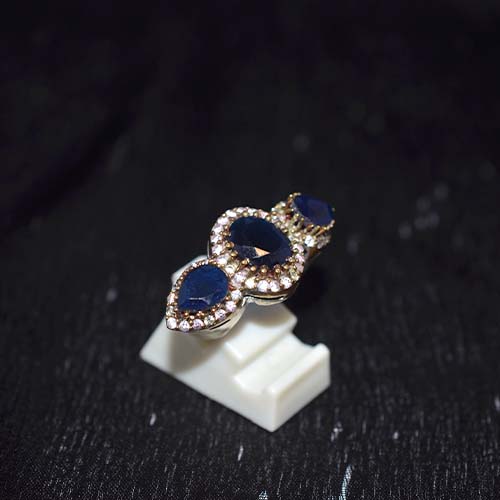 6 Carat Gold Plated Blue and White Three Stone Ring