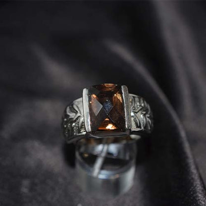 925 Sterling Silver Smoky Quartz Ornate Carved Ring