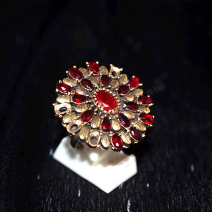 6 Carat Gold Plated Red Gemstone Floral Motif Cocktail Ring