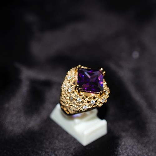 6 Carat Gold Plated Amethyst Ornate Square Ring