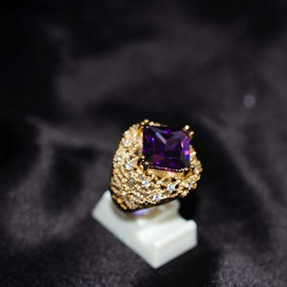 6 Carat Gold Plated Amethyst Ornate Square Ring