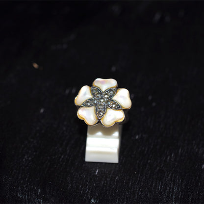 925 Sterling Silver Turkish Mother of Pearl and Marcasite Flower Ring