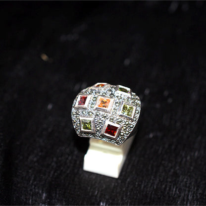 925 Sterling Silver Turkish Multi-Gemstone and Marcasite Checkered Dome Ring