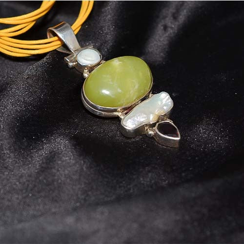 925 Sterling Silver Green Onyx Pearl Garnet Abstract Pendant
