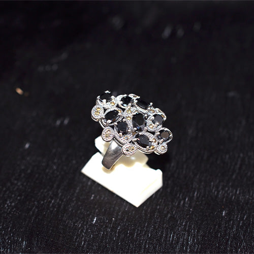 925 Sterling Silver Turkish Black Onyx and Marcasite Swirling Cluster Ring