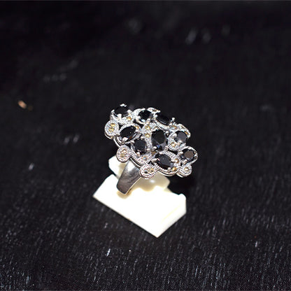 925 Sterling Silver Turkish Black Onyx and Marcasite Swirling Cluster Ring