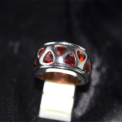 925 Sterling Silver Trillion Cut Garnet Inlay Band Ring