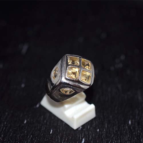 925 Sterling Silver Yellow Citrine Four Square Motif Ring