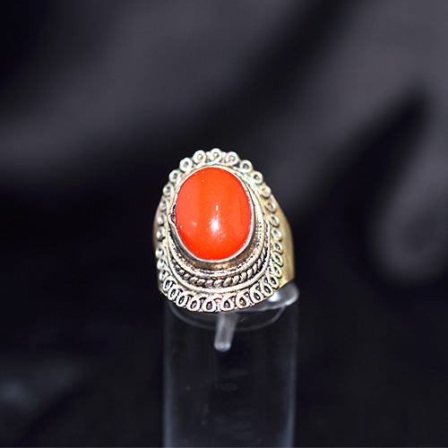 925 Sterling Silver Turkish Red Coral Ornate Ring