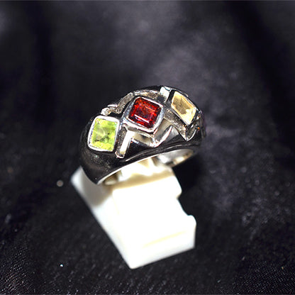 925 Sterling Silver Abstract Multi Gemstone Inlay Ring
