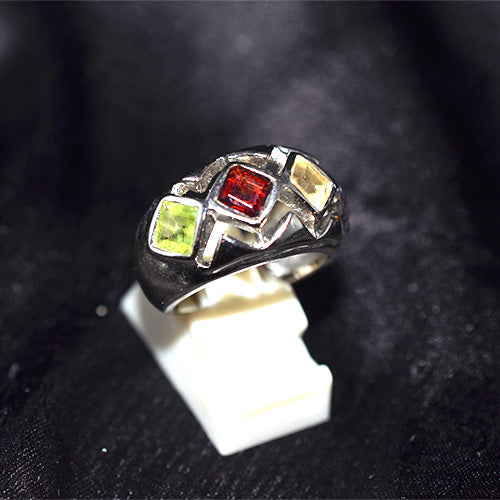 925 Sterling Silver Abstract Multi Gemstone Inlay Ring