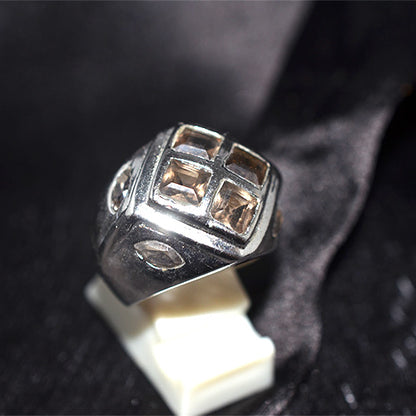 925 Sterling Silver Smoky Quartz Quad Signet Ring