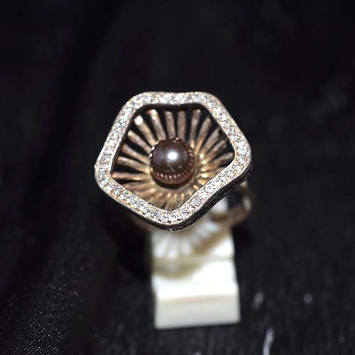 6-Carat-Gold-Plated Dark Pearl and Pave Crystal Floral Ring