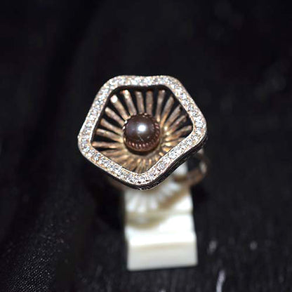 6-Carat-Gold-Plated Dark Pearl and Pave Crystal Floral Ring