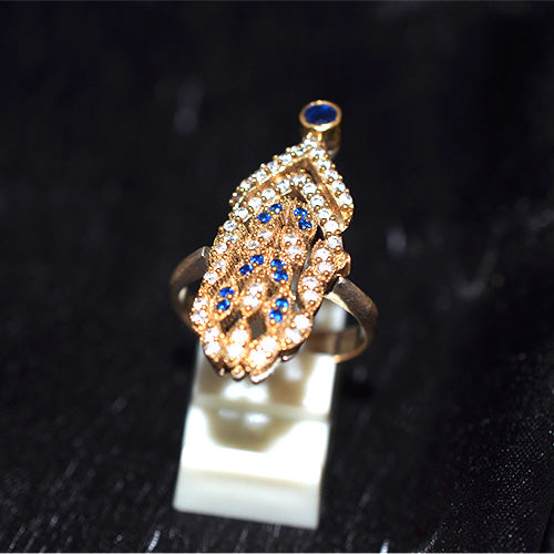 6 Carat Gold Plated Turkish Sapphire Pave Peacock Feather Ring