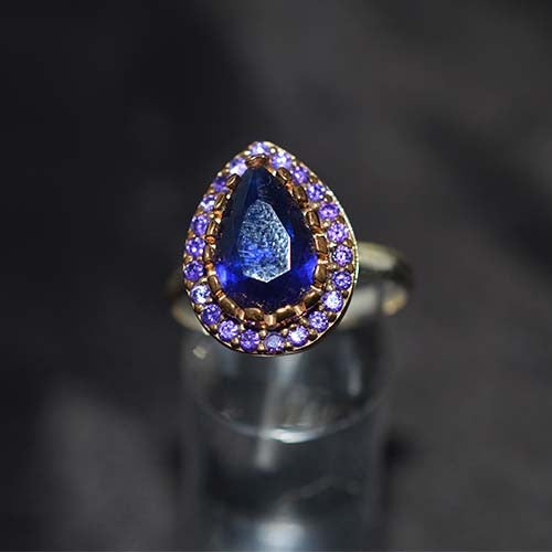 6 Carat Gold Plated Blue and Purple Teardrop Halo Ring