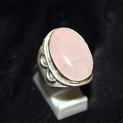 925 Sterling Silver Oval Rose Quartz Scrollwork Ring