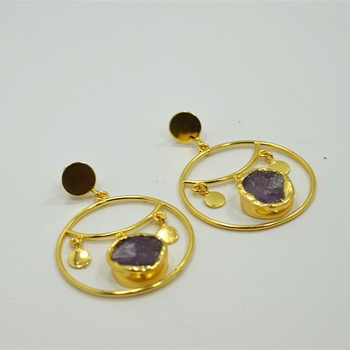 6 Carat Gold Plated Purple Gemstone Circular Motif Dangle Earrings
