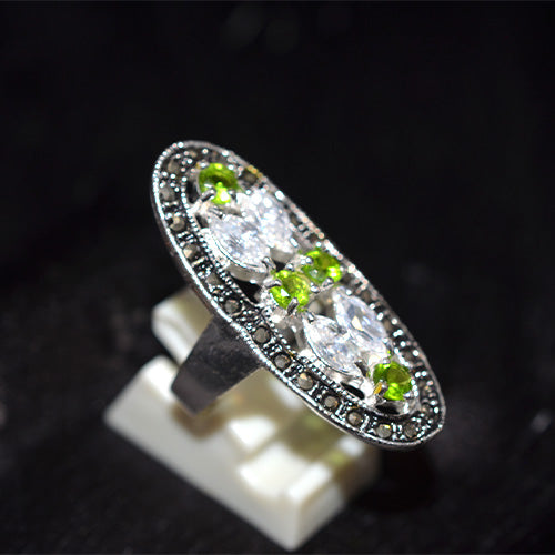 925 Sterling Silver Turkish Peridot White CZ Marquee Motif Ring