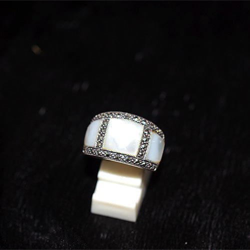 925 Sterling Silver Turkish Mother of Pearl Panel and Marcasite Band Ring