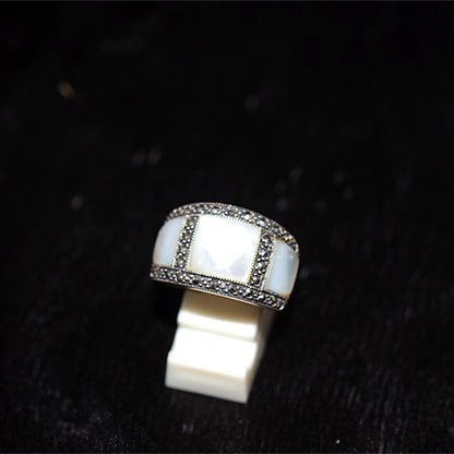925 Sterling Silver Turkish Mother of Pearl Panel and Marcasite Band Ring