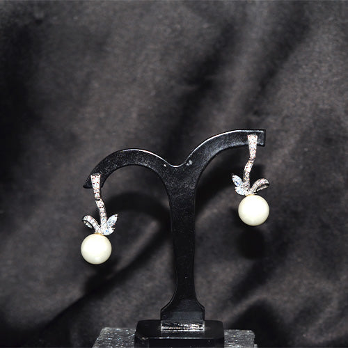 925 Sterling Silver Pearl and Cubic Zirconia Leaf Drop Earrings