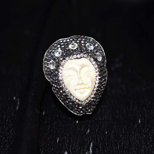 925 Sterling Silver Carved Face and Crystal Pave Statement Ring
