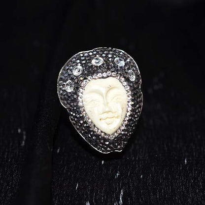 925 Sterling Silver Carved Face and Crystal Pave Statement Ring