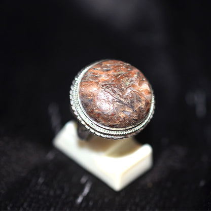 925 Sterling Silver Round Brecciated Jasper Ring with Beaded Setting