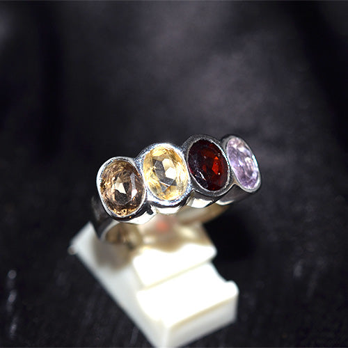 925 Sterling Silver Four Stone Multi Gemstone Band Ring