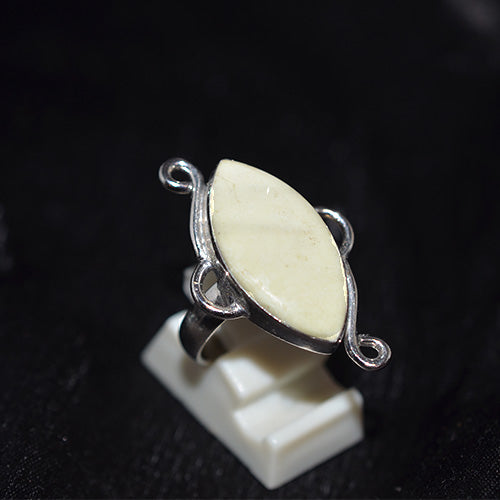 925 Sterling Silver Cream Jasper Marquise Ring with Scroll Design