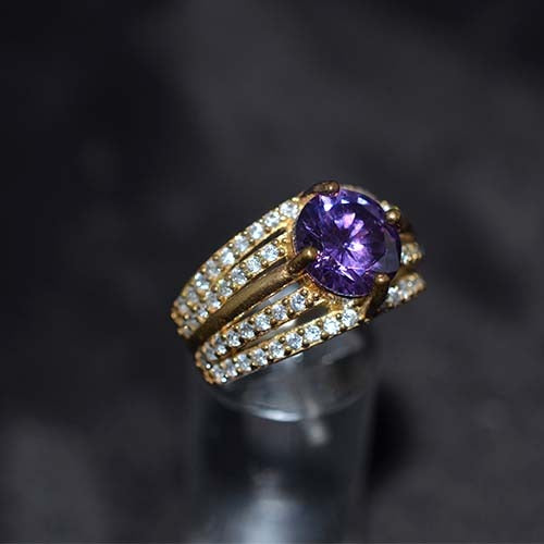 6 Carat Gold Plated Purple and White Triple Row Cocktail Ring