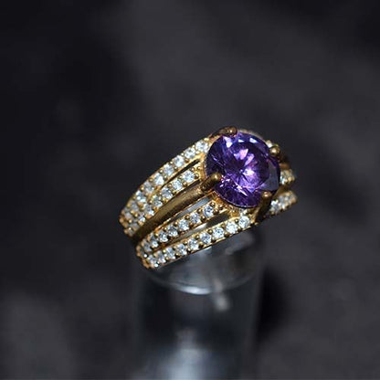 6 Carat Gold Plated Purple and White Triple Row Cocktail Ring