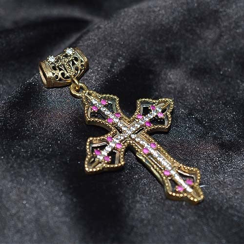 6 Carat Gold Plated Pink Crystal Ornate Cross Pendant