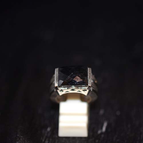 925 Sterling Silver Black Onyx Rectangle Ring with Wide Grooved Band