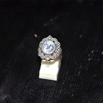 925 Sterling Silver Turkish Crystal and Marcasite Scalloped Halo Ring