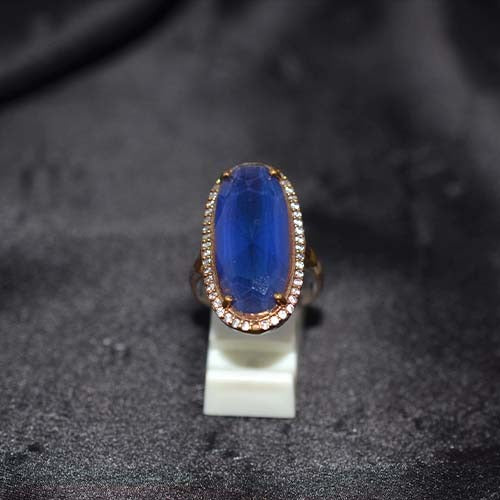 6 Carat Gold Plated Blue Sapphire Oval Halo Ring