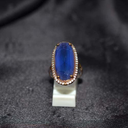 6 Carat Gold Plated Blue Sapphire Oval Halo Ring