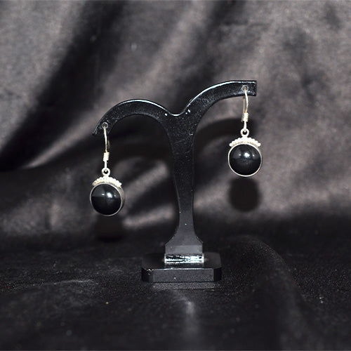 925 Sterling Silver Turkish Black Onyx Crown Setting Drop Earrings