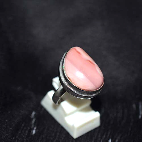 925 Sterling Silver Banded Pink Opal Rounded Teardrop Ring