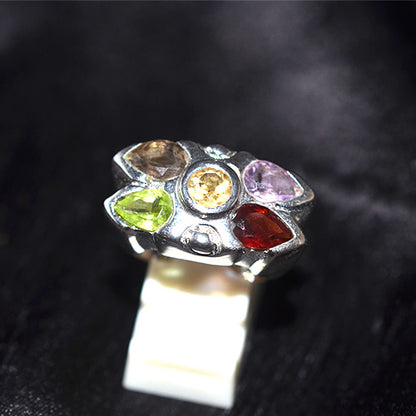 925 Sterling Silver Multi Gemstone Abstract Cluster Ring
